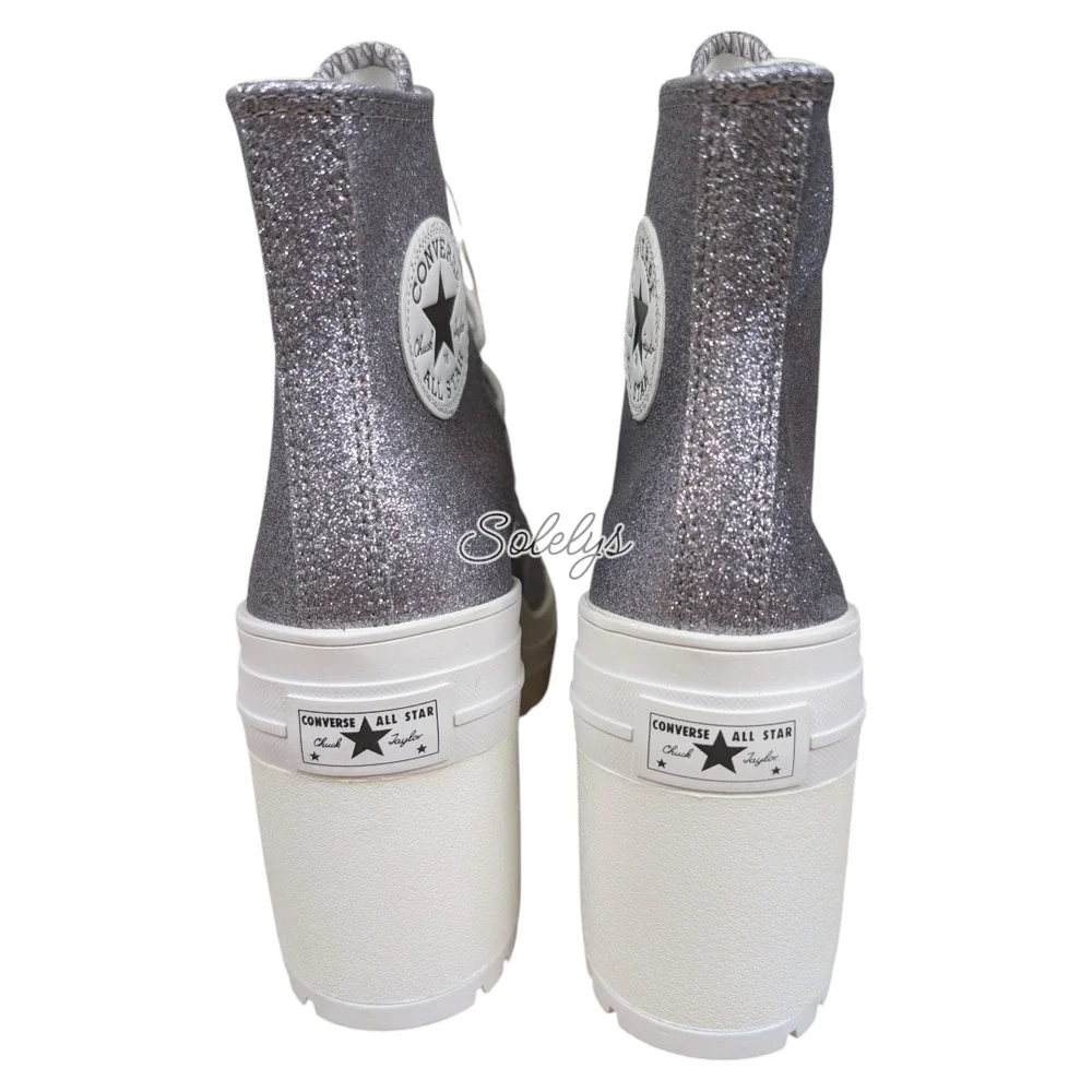 Converse Chuck 70 De Luxe Heel Platform Gunmetal Silver Glitter Sneaker Boot 9.5